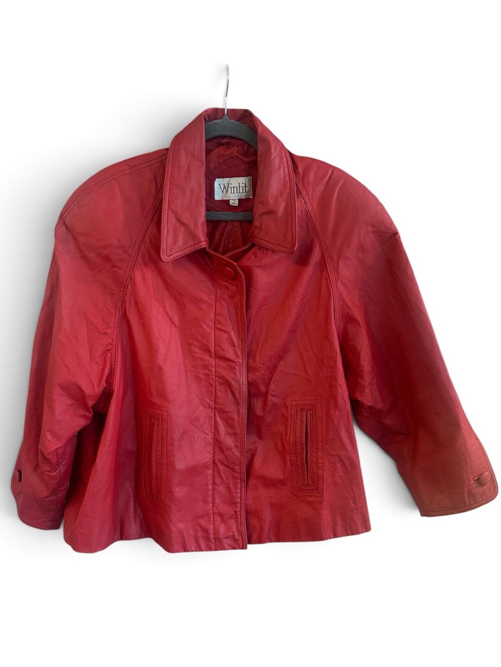 Winlit Vintage Cherry Red Leather Jacket - Women's Boxy Wide Lapels M